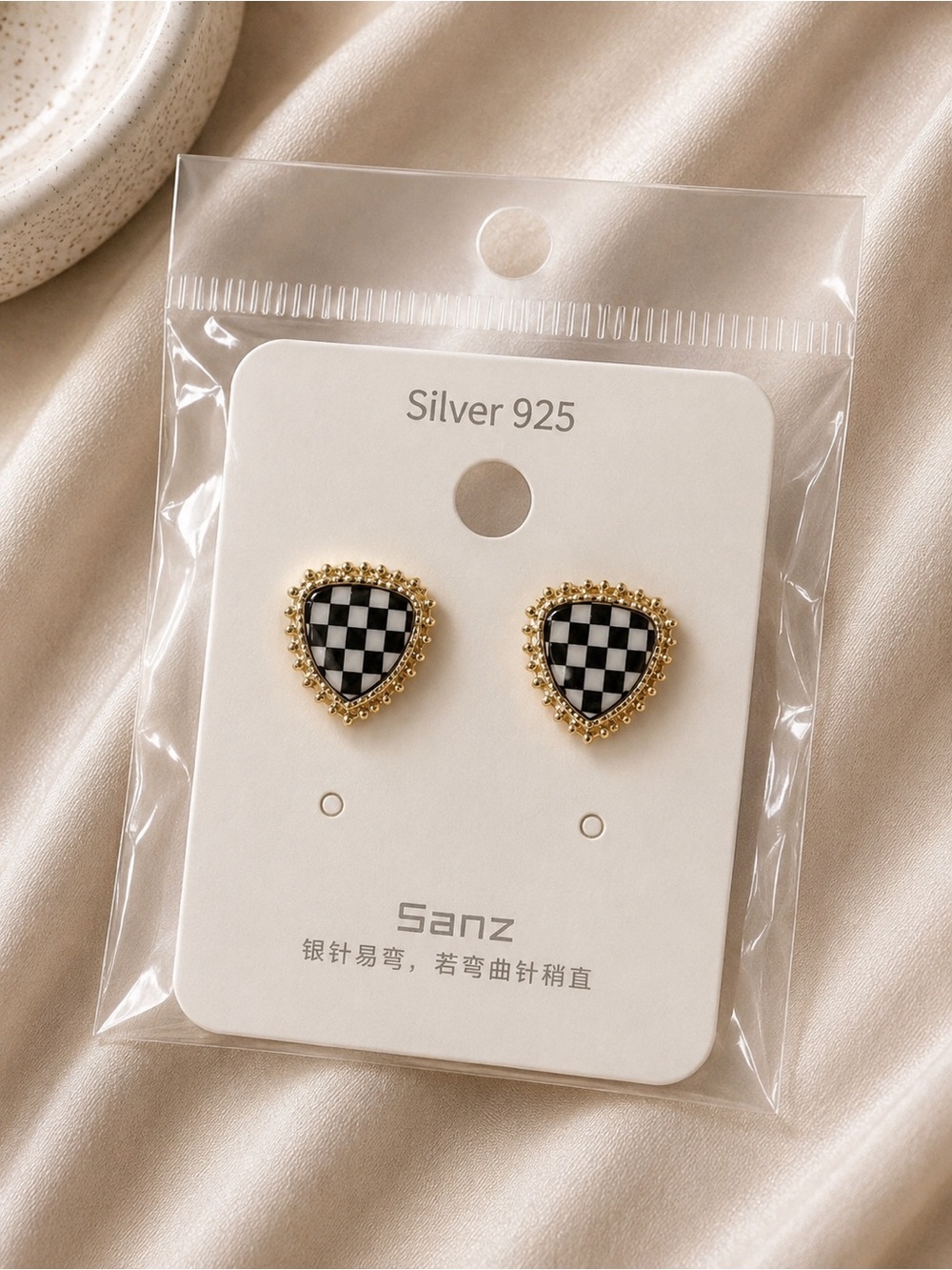Black & White Checkered Heart Stud Earrings - Gold Trim
